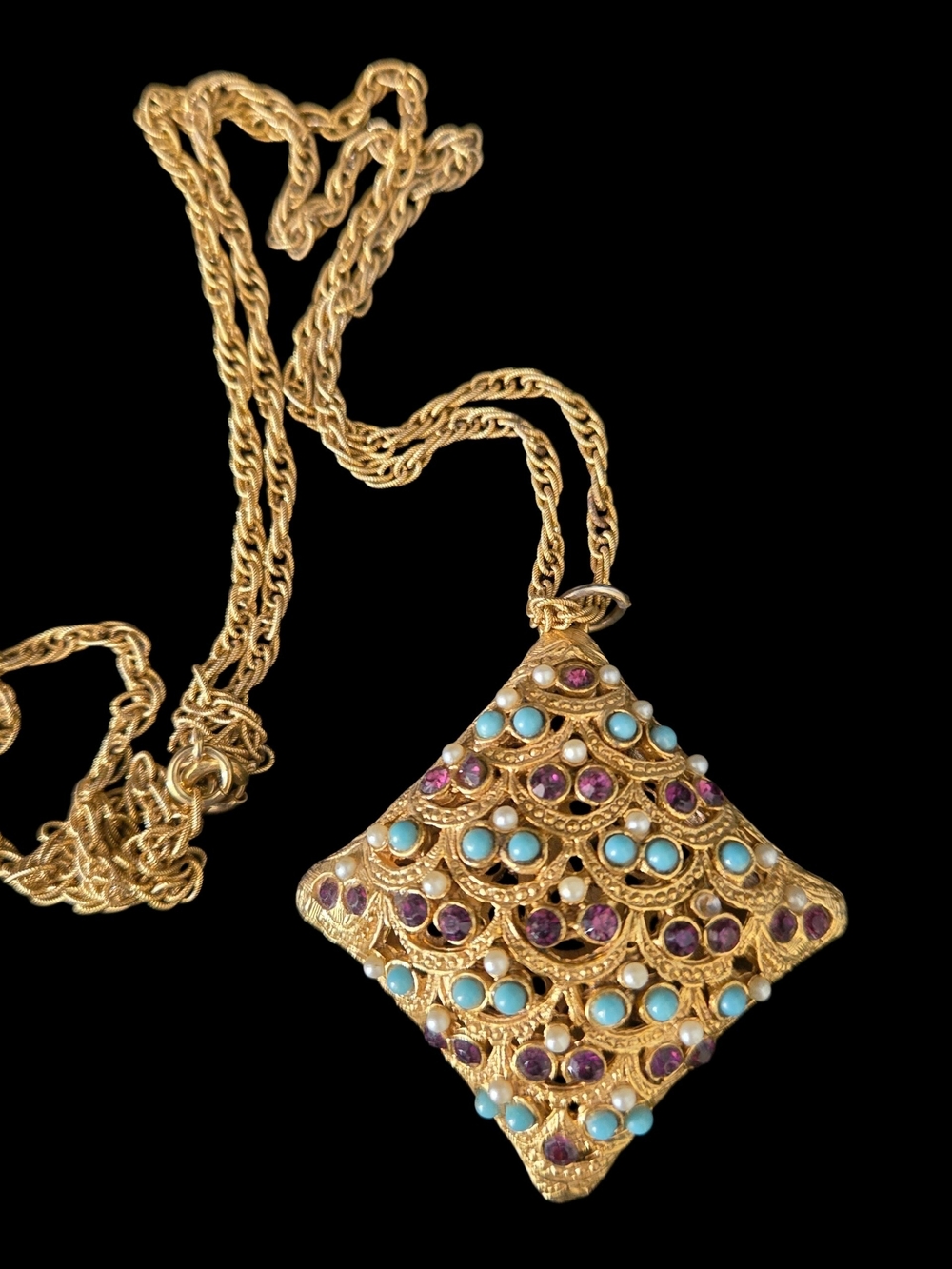 Vintage BSK Gold-Tone Pendant Necklace with Turquoise Blue & Purple Accents 26"